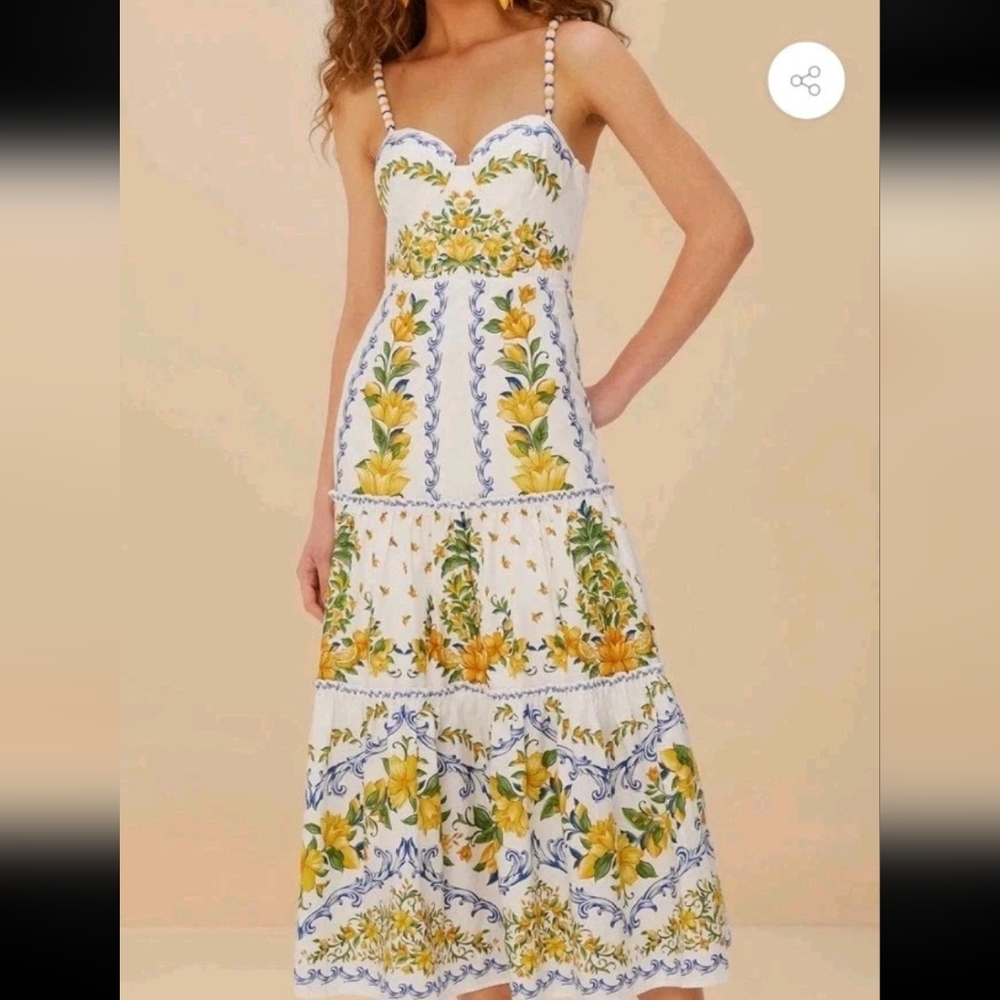FARM Rio White Midi Dress with Yellow & Blue Floral Print - Picture 3 of 9